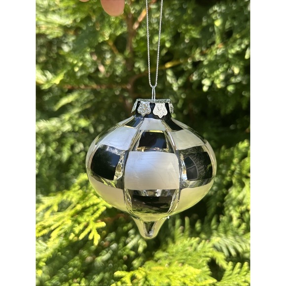 Christmas Ornaments Black White Hand‎ Painted Glass Checkered Large Set Of 7 - Picture 3 of 4
